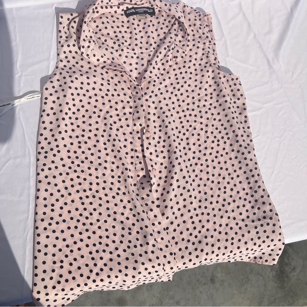 Karl Lagerfeld Blush and Black Polka Dot Blouse - Picture 2 of 6